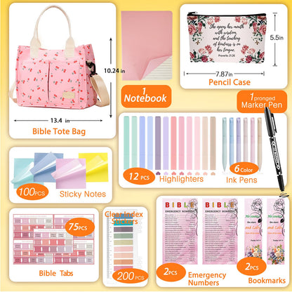 Cdnixwm Pink Bible Study Journaling Kit with Bag for Women, Annotation Kit with Highlighters and Pens, Pencil Case, Emergency Numbers and More, Christian Gifts for Bible Study (Pink-L)