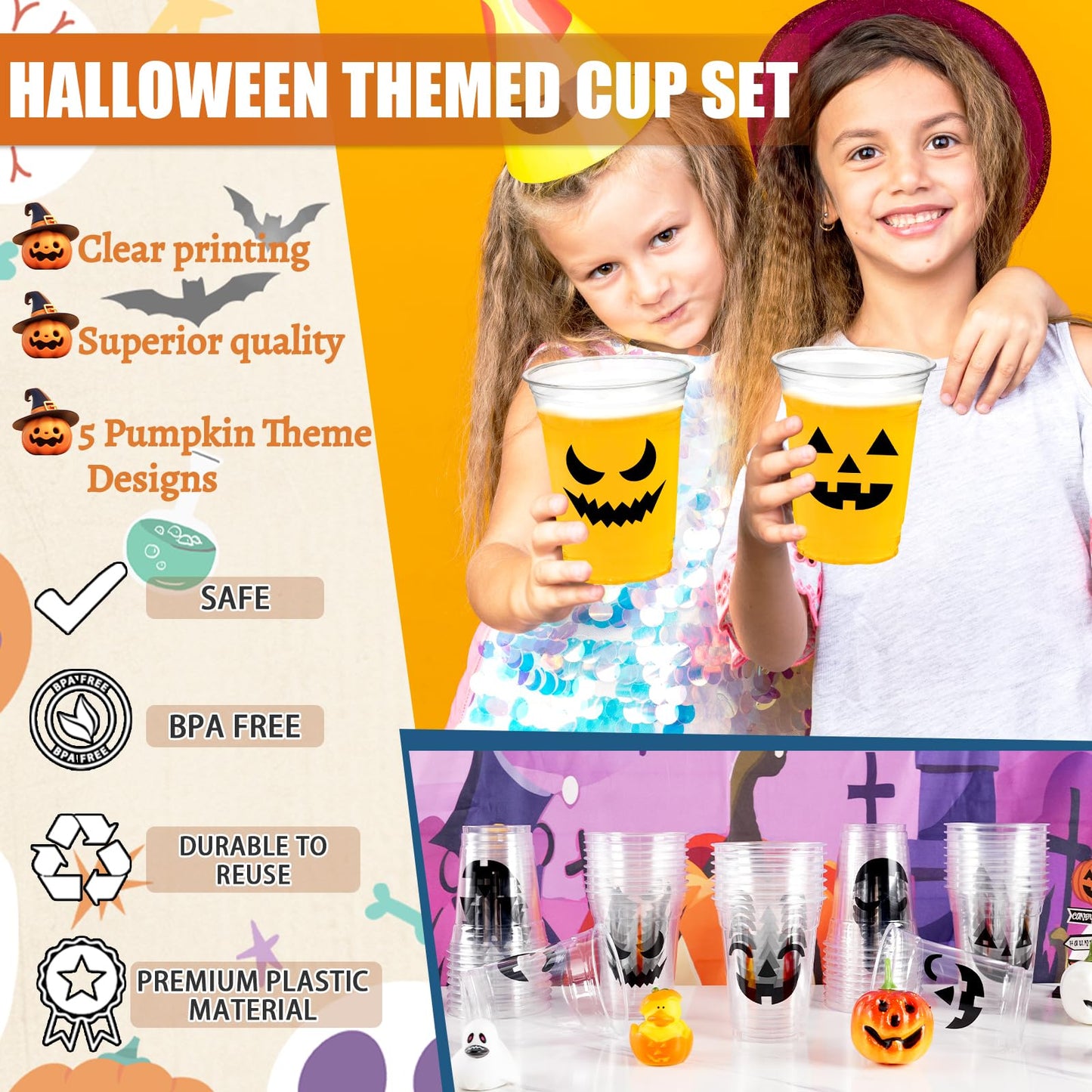 CUPLOOV 50 Pack Halloween Plastic Cups Clear 12Oz Disposable Pumpkin Cups With 5 Styles Patterns for Kids Adults Party Favors, Coffee, Wine, Hot and Cold Drinks