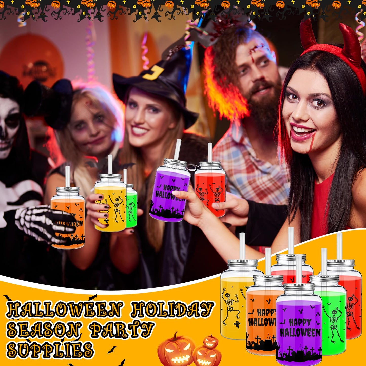 Yetene 20 Pack Halloween Skeleton Cups Reusable Skull Cup Gifts 16 oz Printed Cemetery Cup with Lids Straws Halloween Happy Plastic Tumbler Clear Drinking Jars for Party Favor Birthday Celebration