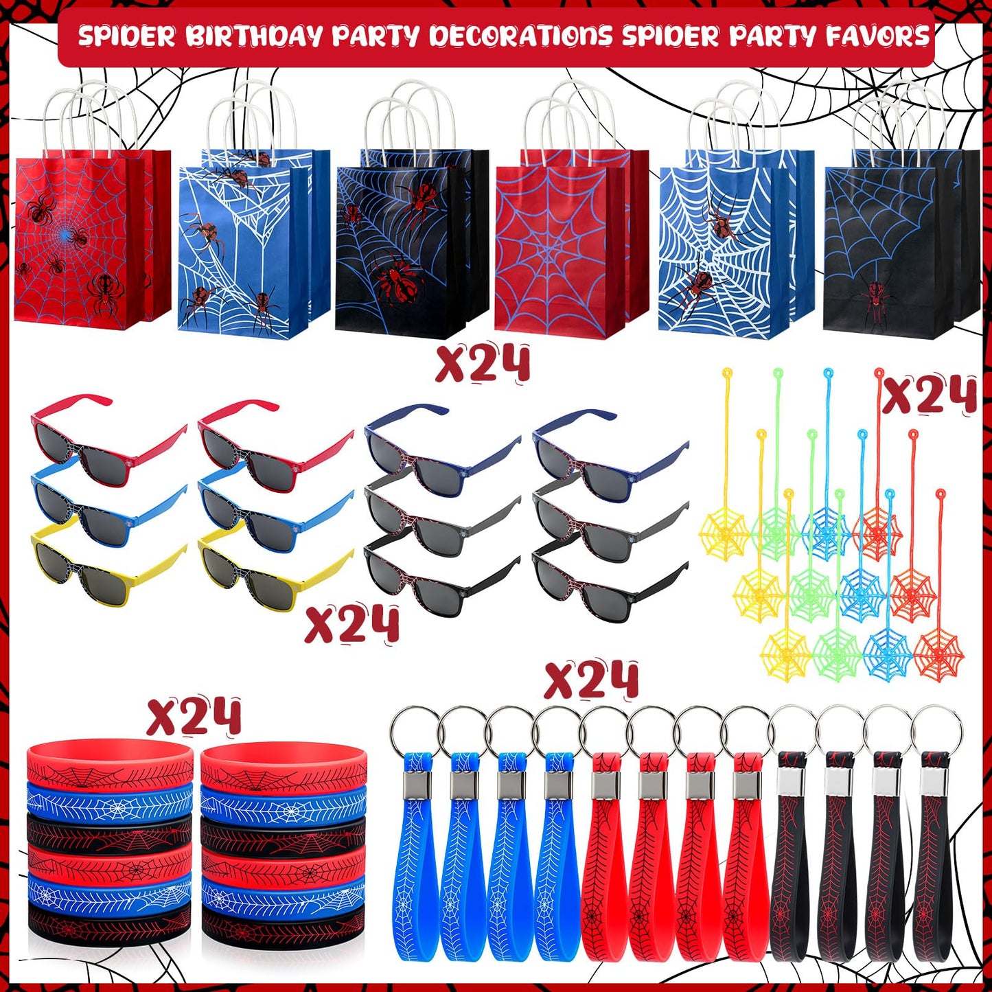 Simgoing 120 Pcs Spider Party Favors Include Spider Sunglasses, Web Gift Tote Bags, Blue Red Black Rubber Wristbands, Silicone Keychains and Sticky Webs for Birthday Comic Themed Party Decoration