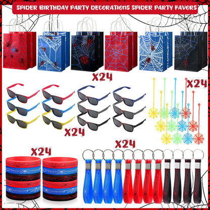 Simgoing 120 Pcs Spider Party Favors Include Spider Sunglasses, Web Gift Tote Bags, Blue Red Black Rubber Wristbands, Silicone Keychains and Sticky Webs for Birthday Comic Themed Party Decoration
