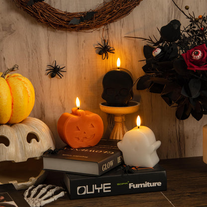 JOIONE Halloween Flameless Candles with Remote, 3D Flickering Flame Real Wax LED Battery Operated Candles, Cute Pumpkin & Ghost & Skull Halloween Candle for Party and Home Decorations, Set of 3