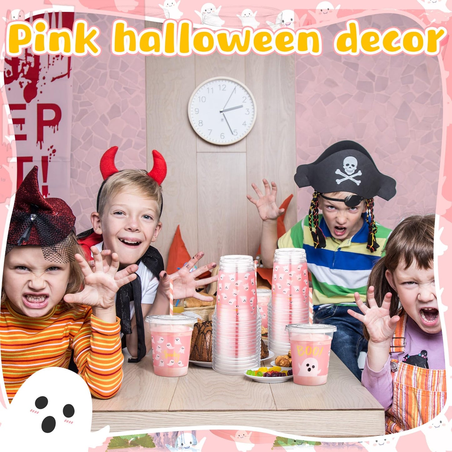 Jingmore 50 Pcs Halloween Ghost Party Disposable Plastic Cups 12 oz with Lids Straws Themed Party Supplies Plastic Tumbler for Birthday Table Decorations Favors(Pink)