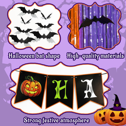 3 Pack Halloween Foil Fringe Curtains Party Decoration, Include 24pcs 3D Bat Stickers and Banner Tinsel Streamers Photo Booth Backdrop Wall Decor for Halloween Party Decoration Supplies