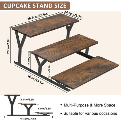 KALYLOC 3 Tier Cupcake Stand, Wooden Risers Dessert Table Display Set, Rustic Tiered Tray Stand Cupcake Tower for Party Farmers Market Wedding Birthday Baby Shower (Brown, Y-Shape)