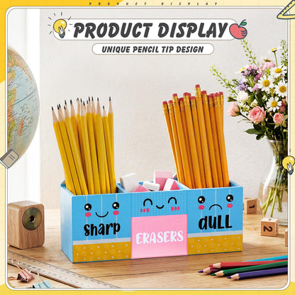 Eaasty Pencil Shaped and Sharp Dull Holder Eraser Wooden Dispenser Pencil Storage 3 Compartments for Back to School Teachers Classroom Organization(1 Pack,Blue Face)