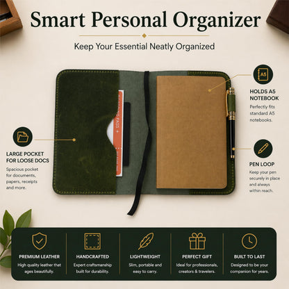 TheAntiq Premium Leather Journal Cover A5 – Handmade Refillable Notebook Cover Sleeve with Pen Holder for Writing, Travel & Business Use 5.75 x 8.25 (Green)