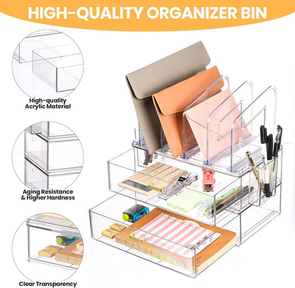 Acrylic Desk Organizer Set, 2 Pack Stackable Drawer Organizer with 4 Vertical File Sorter and 2 Pen Holders, Desktop Storage for Files, Letter, Documents, Office Supplies, Desk Accessories