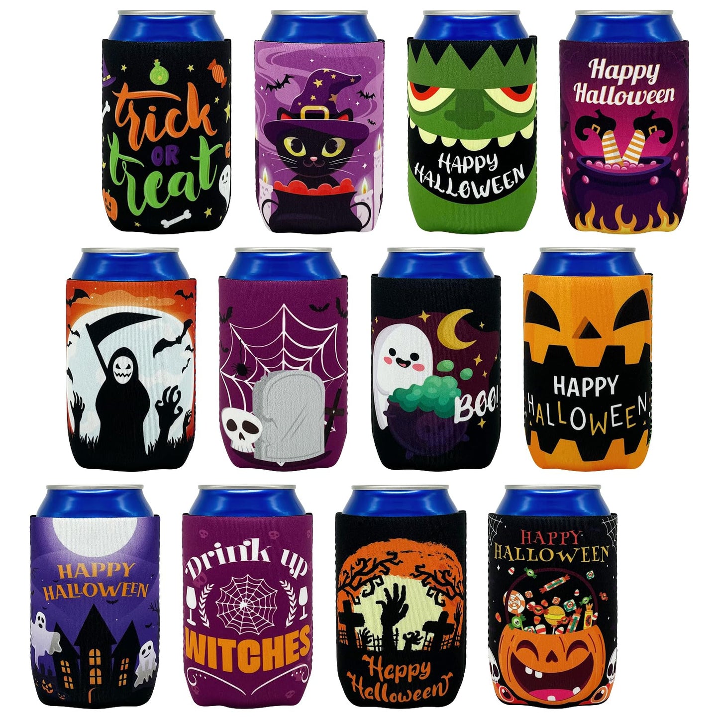 12PCS Halloween Can Coolers Sleeves –Trick or Treat Clover Beer Beverage Party Supplies Decorations Favors
