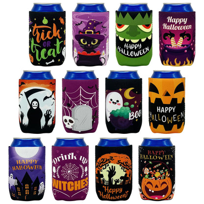 12PCS Halloween Can Coolers Sleeves –Trick or Treat Clover Beer Beverage Party Supplies Decorations Favors