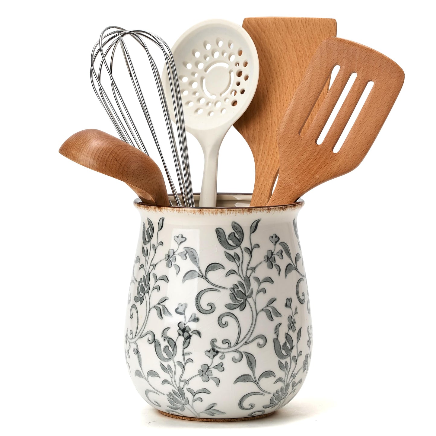 Utensil Holder for Kitchen Counter, Modern Farmhouse Cooking Utensil Holder and Crock Home Kitchen Decor, Ceramic Utensil Organizer for Spatula, Ladle, Eggbeater, Rolling Pin- Gray Flower Patterns
