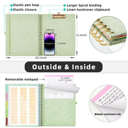 Ospelelf Green Foldable Spiral Clipboard Folio with Storage Zipper Pouch, 5 Plastic Folders with 10 Pockets, Refillable Lined Notepad (11" x 8.5"), Linen Hardcover Project Organizer