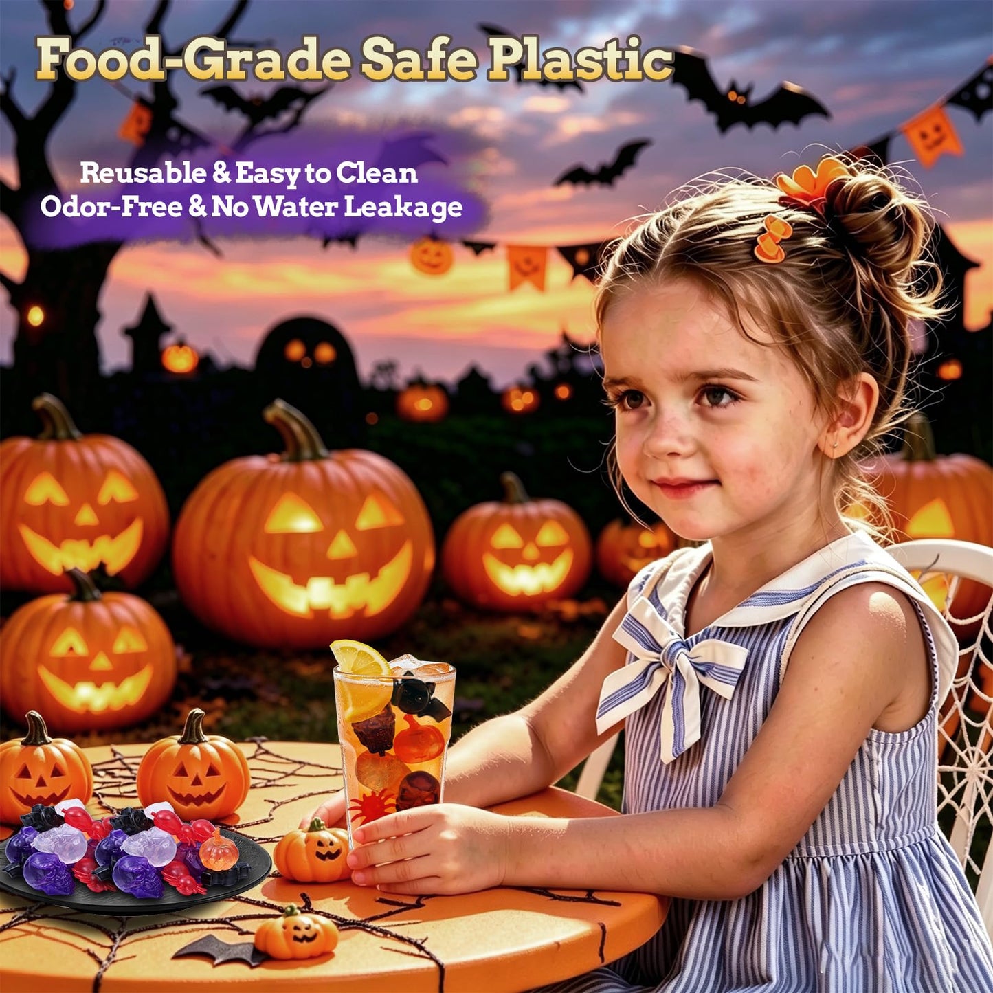 Tngan Halloween Reusable Ice Cubes for Drinks, 300 Pack Shaped Plastic Ice Cubes for Decor, Refreezable Ice Cubes Non-melting for Halloween Party, Bar, Home Celebration BPA Free