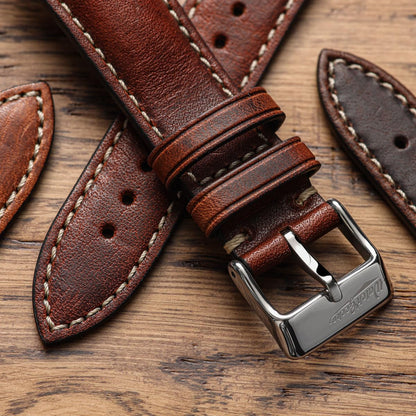 WatchGecko Vintage Highley Certified Genuine Italian Leather Replacement Watch Strap. Stylish and Durable Mens Wristwatch Strap. Padded for Comfort. Easy to fit. Reddish Brown, 21 mm