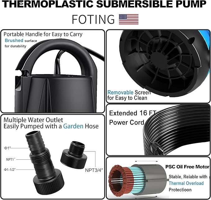 FOTING Sump Pump 1HP Clean/Dirty Submersible Water Pump,4600GPH Utility Pump Thermoplastic Electric Portable Transfer Water Pump for Swimming Pool Pond Basement with 10ft Power Cord,Auto