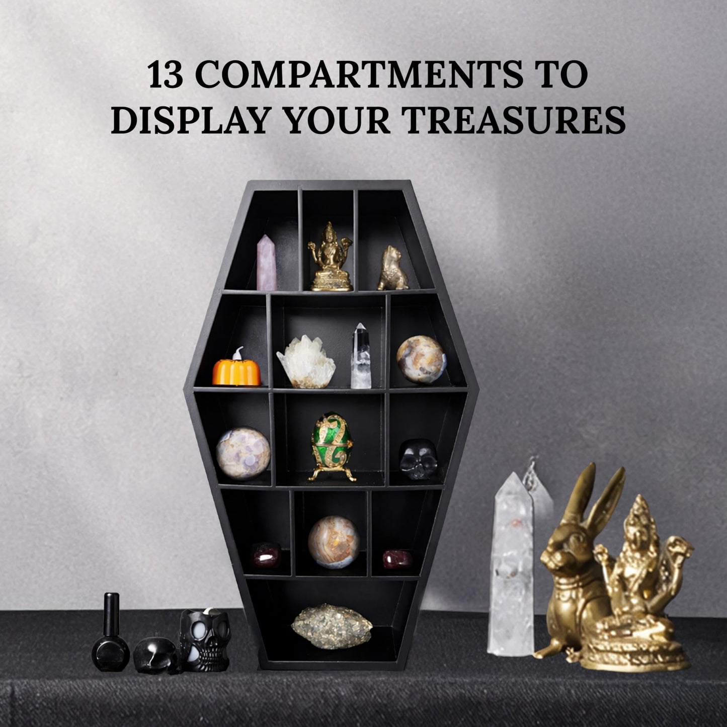 Gothic Curiosities Curio Coffin Shelf - Wooden Goth Decor for Display or Storage of Shot Glasses, Mini Figures, Rocks, and More - 17 by 9.75 by 2.75 Inches