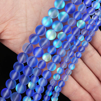 Matte Blue Aurora Crystal Glass Beads, 8MM Frosted Glitter Shining Mermaid Round Loose Beads, Rainbow Holographic Synthetic Moonstone for Jewelry Making DIY Bracelet