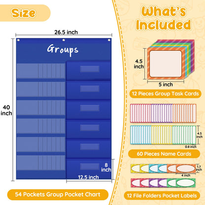 AKAYOK Small Group Pocket Chart with 84 Colorful Dry Erase Cards, Classroom Jobs Chart with 6 Pocket Wall Hanging File Folder, Pocket Chart for Classroom,Office,Home, Small Group Classroom Must Haves