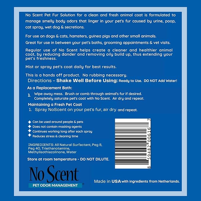 No Scent Pet Fur Odor Spray & Rinseless Cleaner for Dog, Cat, Hamster, Small Animal & Furry Pets (8 Fl Oz / 237 mL)