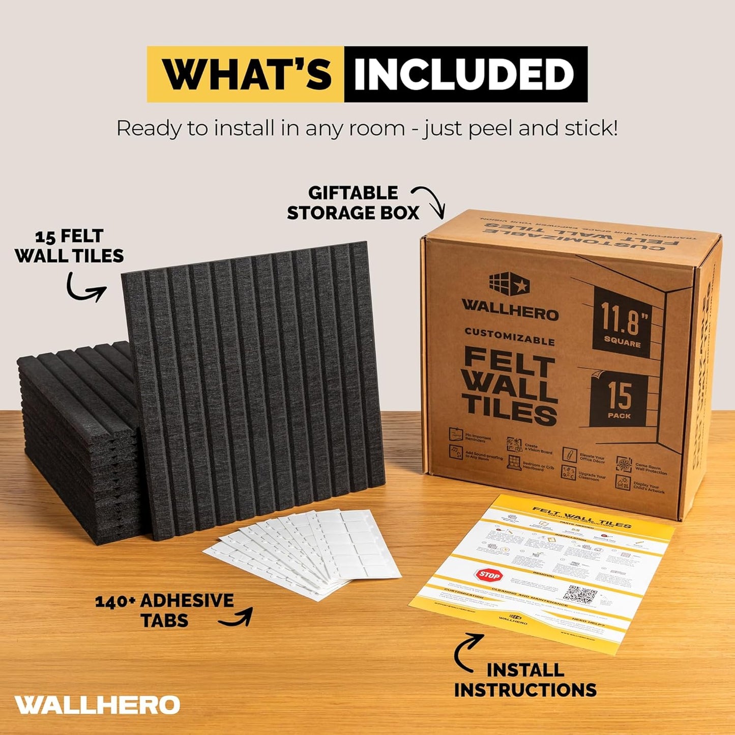 Large Bulletin Board, Tack Board, 59"x36" | 15 Pack | Wall Pin Board, Cork Board Alternative for Walls, Tablero de Corcho para Pared, Cord Board for Wall (Black Slats)