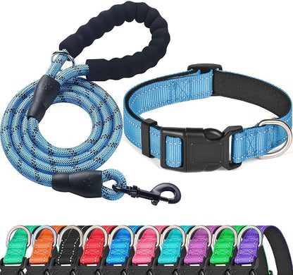 Ladoogo Reflective Dog Collar Padded with Soft Neoprene Breathable Adjustable Nylon Dog Collars for Small Medium Large Dogs (Small (Pack of 1), Vivid Blue Collar+Leash)