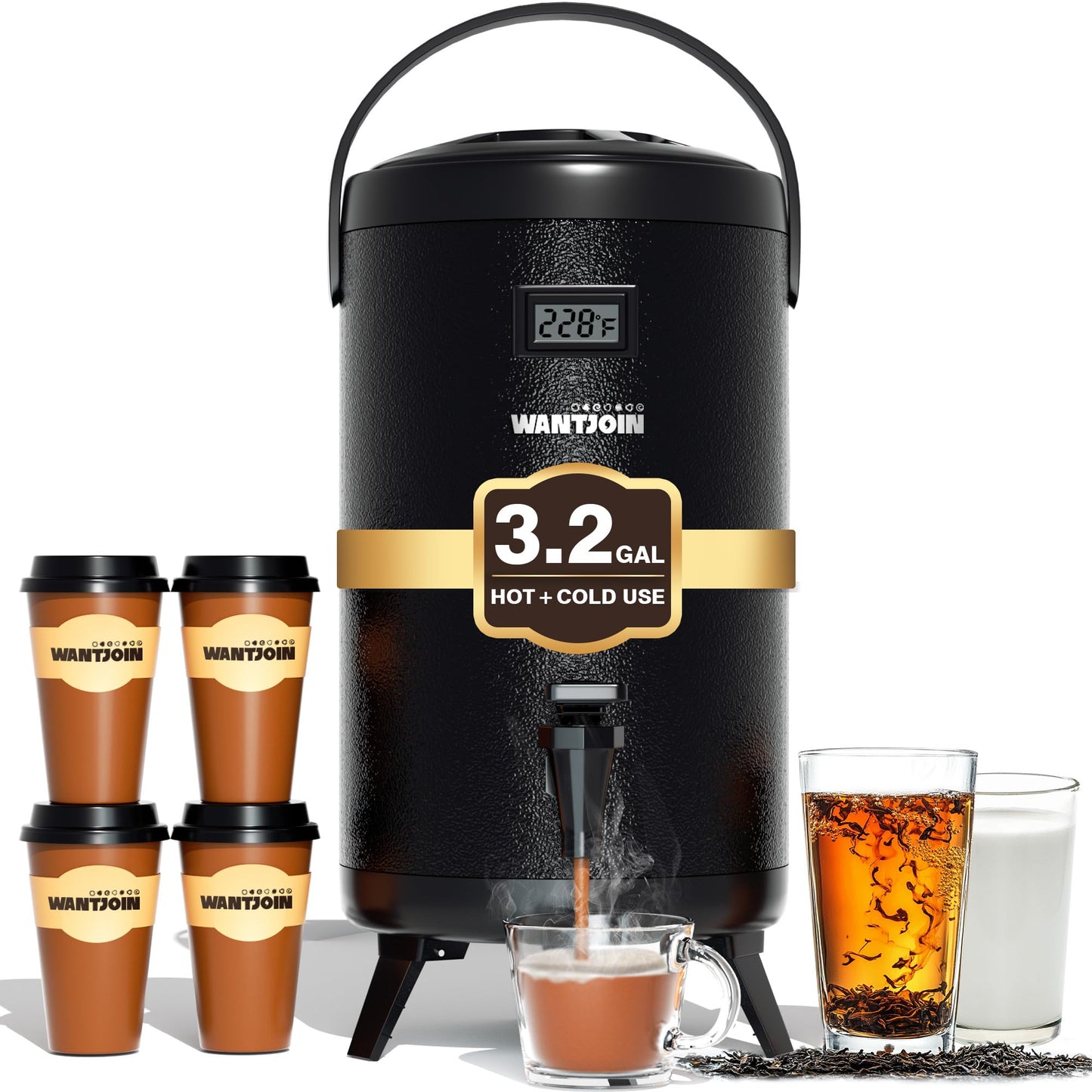WantJoin Insulated Beverage Dispenser - 1-pack Thermal Hot and Cold Drink Dispenser with Spigot, Stainless Steel Premium 12 L/3.2 Gallon for Coffee & Hot tea,Cold Milk,Water,Juice (Black)