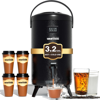 WantJoin Insulated Beverage Dispenser - 1-pack Thermal Hot and Cold Drink Dispenser with Spigot, Stainless Steel Premium 12 L/3.2 Gallon for Coffee & Hot tea,Cold Milk,Water,Juice (Black)