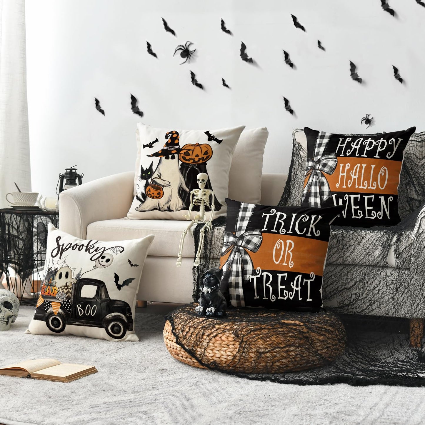 AVOIN colorlife Halloween Boo It's Spooky Season Cute Ghost Throw Pillow Covers, 18 x 18 Inch Trick or Treat Stripe Truck Pumpkin Spooky Cushion Case for Sofa Couch Set of 8