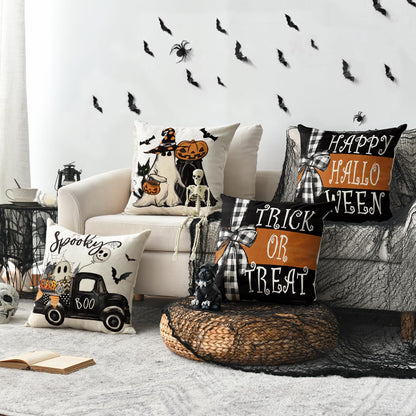 AVOIN colorlife Halloween Boo It's Spooky Season Cute Ghost Throw Pillow Covers, 18 x 18 Inch Trick or Treat Stripe Truck Pumpkin Spooky Cushion Case for Sofa Couch Set of 8
