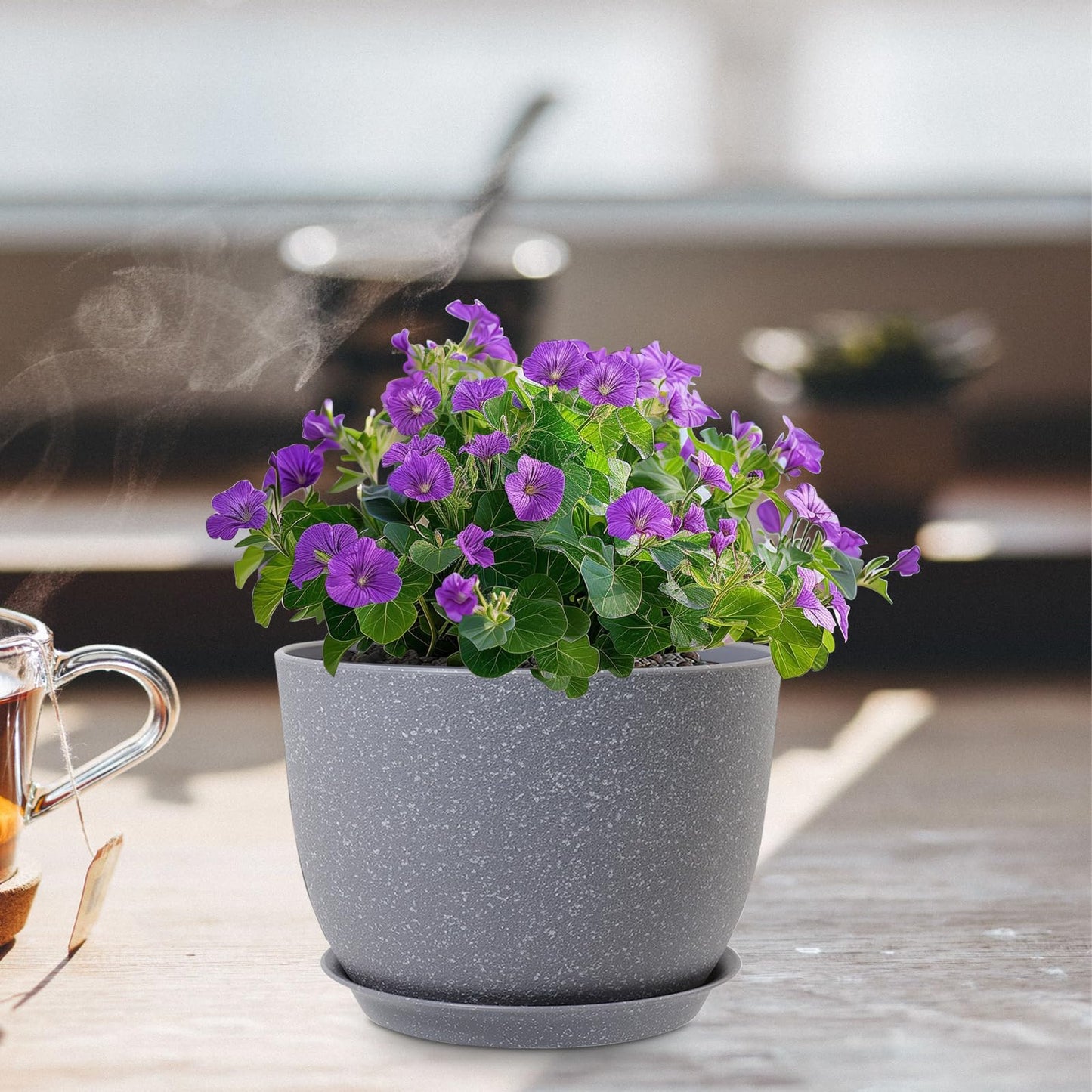 Meowell Plant Pots 12 inch, Plastic Planters with Drainage Holes and Saucers, Large Flower Pots for Indoor Outdoor Plants, Modern Decorative Pots for Garden House Plants, Speckled Grey
