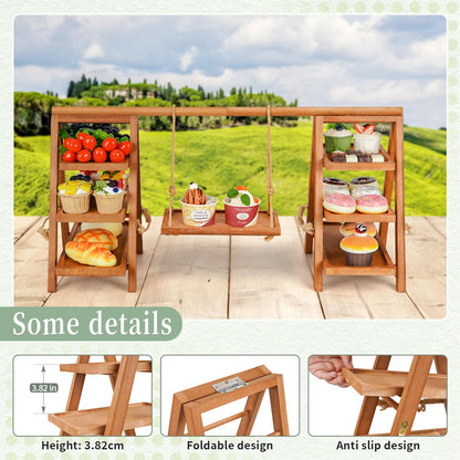 Whiidoom Cupcake Stand, 3 Tier Wood Cupcake Display Stand with Swing, Dessert Table Display Set with Serving Tray for Dessert Display for Party, Wedding, Farmhouse Decor (Brown)
