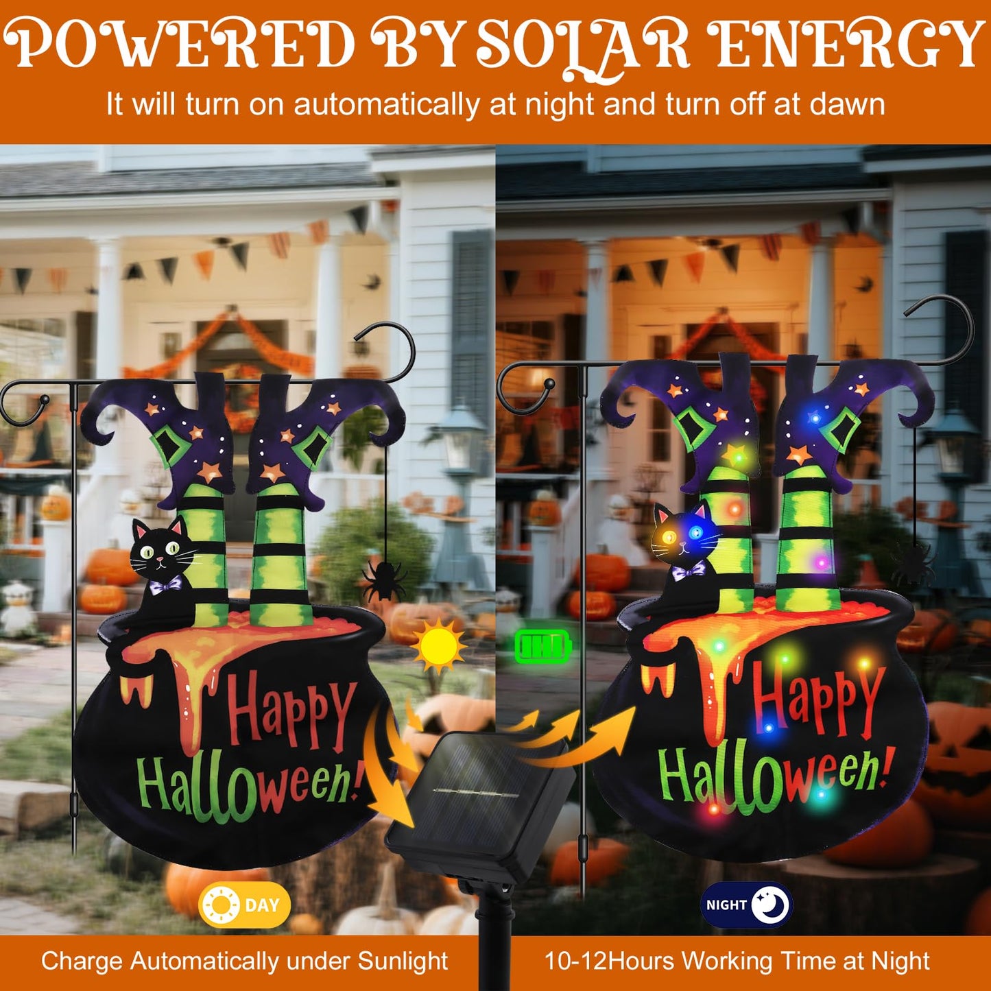 Neaonau Halloween Lighted Garden Flag for Outdoor 13 * 18 Inches Solar Witch Cauldron Flag with 8 Modes, Double Sided Halloween Decorations for Yards, Patios, Lawns, and Streets (Witch Feet)