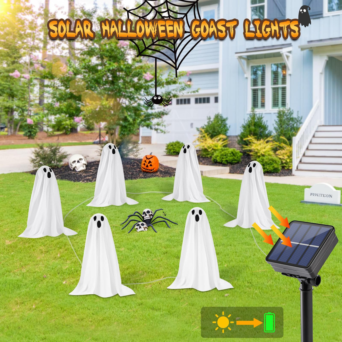 Halloween Decorations, 6 Pack 18.9'' High Solar Small Ghost String Stake Lights 12.8 FT, White Small Cloth Ghost Stakes with 8 Lighting Modes and Waterproof Outdoor Garden/Yard Path Lights, Clod Light