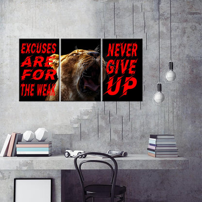 YSPCSUN Triptych Wall Decor Inspirational Posters for Office, Roaring Lion Excuses Quote 3 Panel Canvas Prints for Home Office Dorm Gym Room, 48x24 Inch Display Print Decor