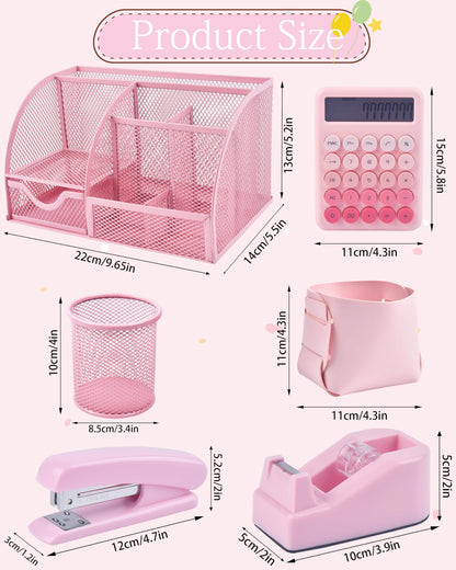 23pc Pink Desk Accessories and Organizers with Mesh Organizer Stapler Tape Dispenser Calculator and a Lot of Office Pink Office Supplies Beautifully Presented in a Gift Box