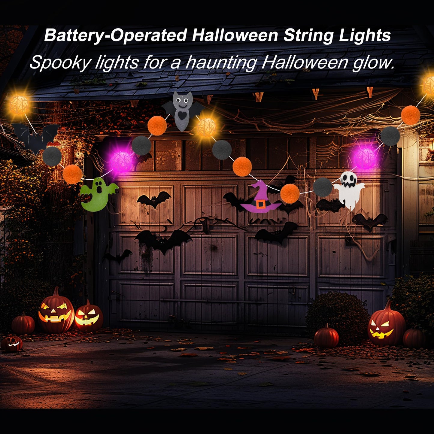 Halloween Decorations Battery USB 10.8Ft Halloween Strip Lights Banner Garland Décor with Felt Bats Ghost Witch Hat Pumpkins Spider Fuzzball Décor for Party Indoor Home Room Wall Fireplace WindowDoor