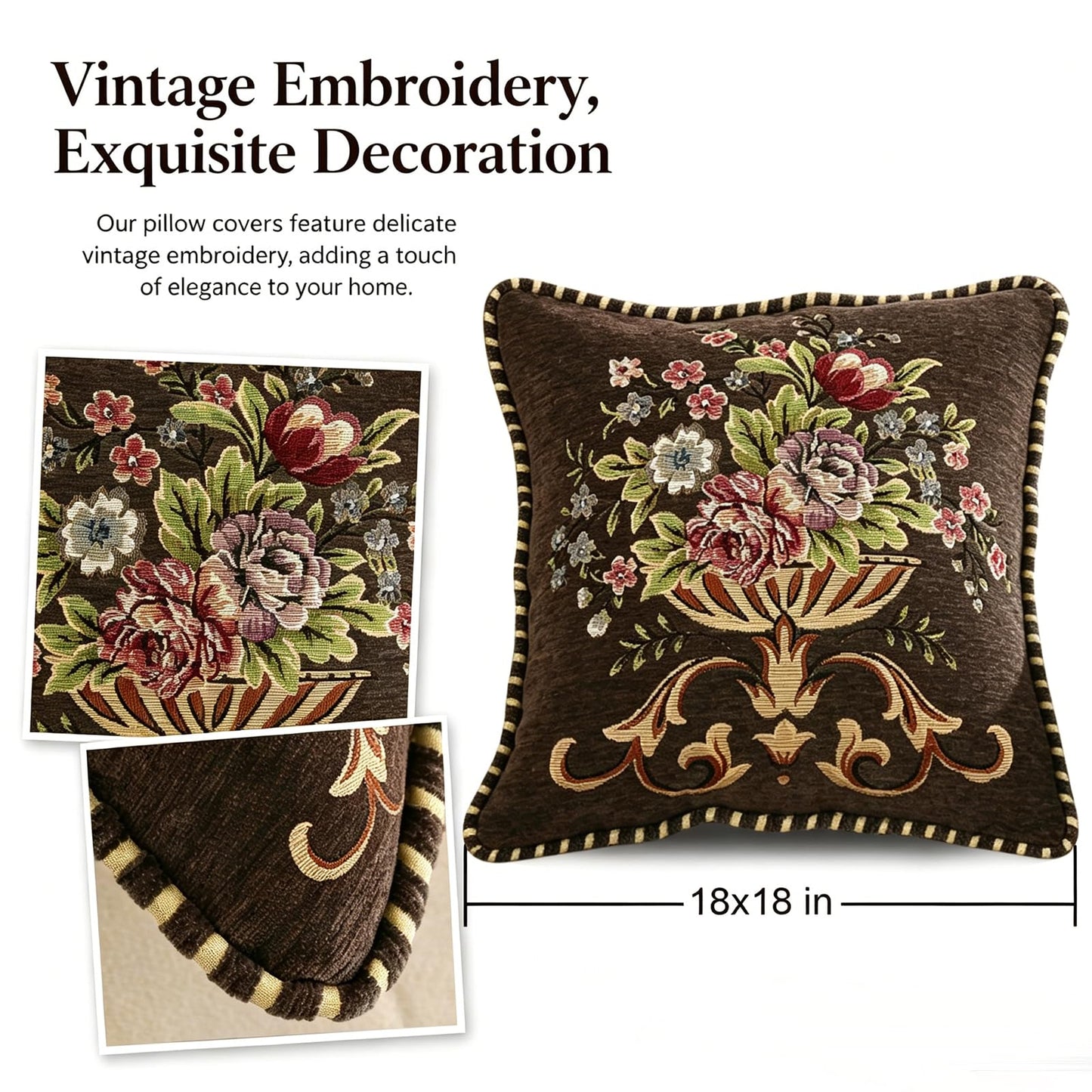 Qupace Set of 2 Brown Vintage Embroidered Throw Pillow Covers 18x18in,Floral Cushion Cover for Sofa Couch Bedroom,Coffee Pillow Covers
