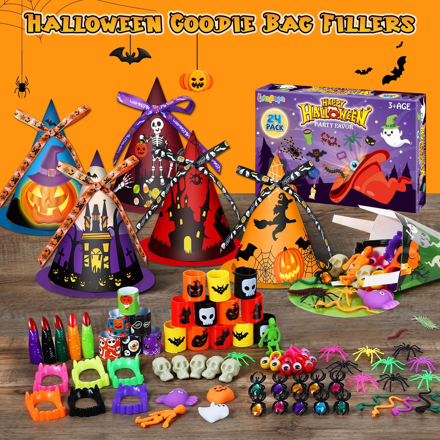 Letapapa 234 PCS Halloween Party Favors for Kids, 24 Pack Witch Hat Treat Bags Filled with Halloween Toys Bulk, Halloween Goodie Bag Fillers for Trick or Treat, Non-Candy Gift School Classroom Prize