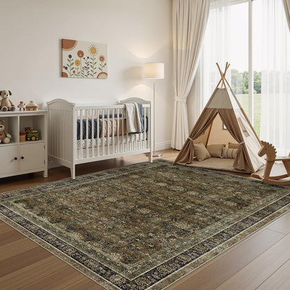 WITSHOCK 5x7 Area Rugs for Living Room: Vintage Modern Boho Moody Retro Antique Farmhouse Dark Carpet, Non-Slip Low Pile Stain Resistant Rug for Bedroom Dining Under Table, Brown Olive Green