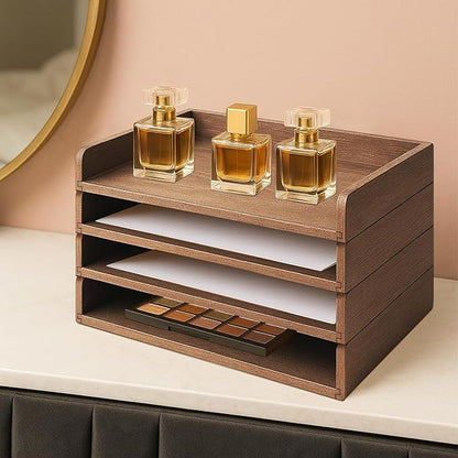PROLEE Wooden Paper Tray Organizer for Desk,Stackable Paper Holder and Letter Tray,4-Tier Desktop File Storage Rack for Study,Home and Office(Walnut,14" x 9.5" x 2.5")
