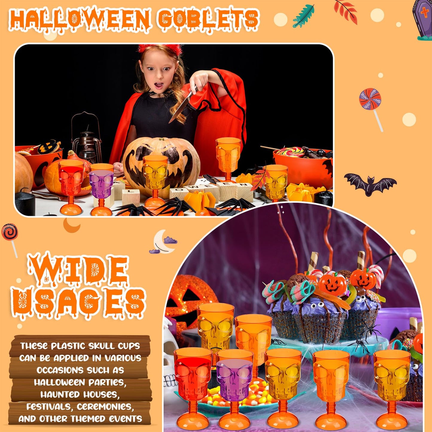Bokon Set of 12 Halloween Cups Skull Goblets Gothic Party Table Decorations Plastic Wine Goblet Halloween Party Supplies Skeleton Themed Centerpiece(Orange)