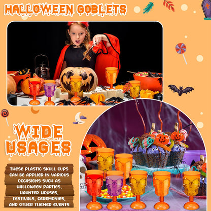 Bokon Set of 12 Halloween Cups Skull Goblets Gothic Party Table Decorations Plastic Wine Goblet Halloween Party Supplies Skeleton Themed Centerpiece(Orange)