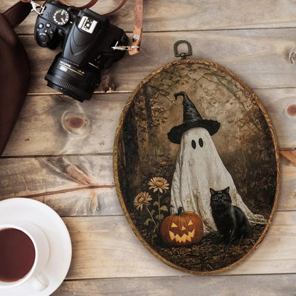 fZSZSD Halloween Witchy Ghost Pumpkin Black Cat Oval Wall Art Decor, Moody Fall Oval Framed Canvas Art Prints, Rustic Forest Spooky Wall Hanging Decor for Home Bedroom Living Room, 8.5x11.5 Inch