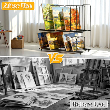 Tredre 2-Tier Art Storage Rack with Wheels, Extra-Large Adjustable Art Drying Painting Rack, Metal Canvas Storage Display Stand for Art Studio, Classroom and Gallery, 38.5" x 39.5" x 16" (Black)