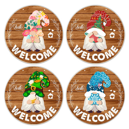 Interchangeable Gnome Welcome Sign Summer Patriotic 4th of July Porch Decor, Changeable Wooden Gnomes Front Door Decoration Wreath Hanger for Spring Fall Winter All Seasons Holiday, Red Brown