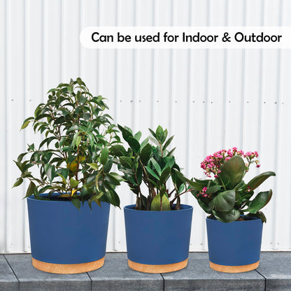 RUBBER BOND Plastic Plant Pots 3 Pack - Modern Indoor/Outdoor Planters for Home Decor - Weather-Resistant Flower Pots - Ideal for Stylish Garden and Patio Decor (Blue Round)