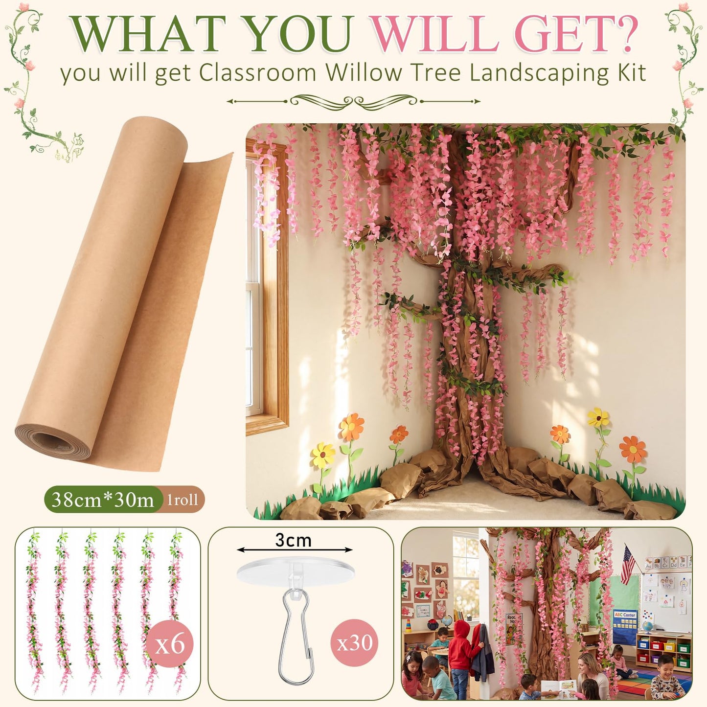 Suncalla Classroom Tree Bulletin Board Set DIY 3D Classroom Ceiling Wall Decor with Kraft Paper & Mounted Traceless Hooks for Jungle Safari Hawaiian Luau Party Supplies (Wisteria)