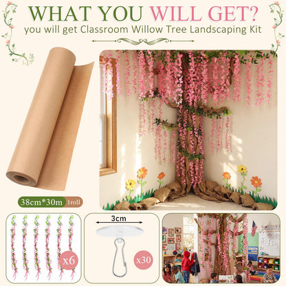 Suncalla Classroom Tree Bulletin Board Set DIY 3D Classroom Ceiling Wall Decor with Kraft Paper & Mounted Traceless Hooks for Jungle Safari Hawaiian Luau Party Supplies (Wisteria)