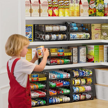 3-Pack Stackable Can Rack Organizer for Pantry, Adjustable Can Holder for Various Ounce of Cans up to 90, Rolling Can Dispenser for Canned Food Soup Goods Storage in Kitchen Cabniet, 2 Tier, Black