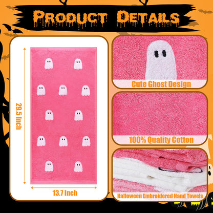 Oudain 3 Pcs Pink Ghost Hand Towels for Bathroom 100% Cotton Pink Halloween Embroidered Decorative Towels Cute Kitchen Gifts for Halloween Bath Shower Decors Housewarming 13.7 x 29.5 Inch